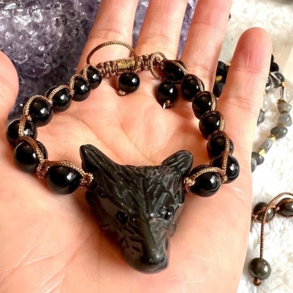 LAST ONE! WOLF SPIRIT ANIMAL Obsidian Mala Bracelet - Picture 2 of 14